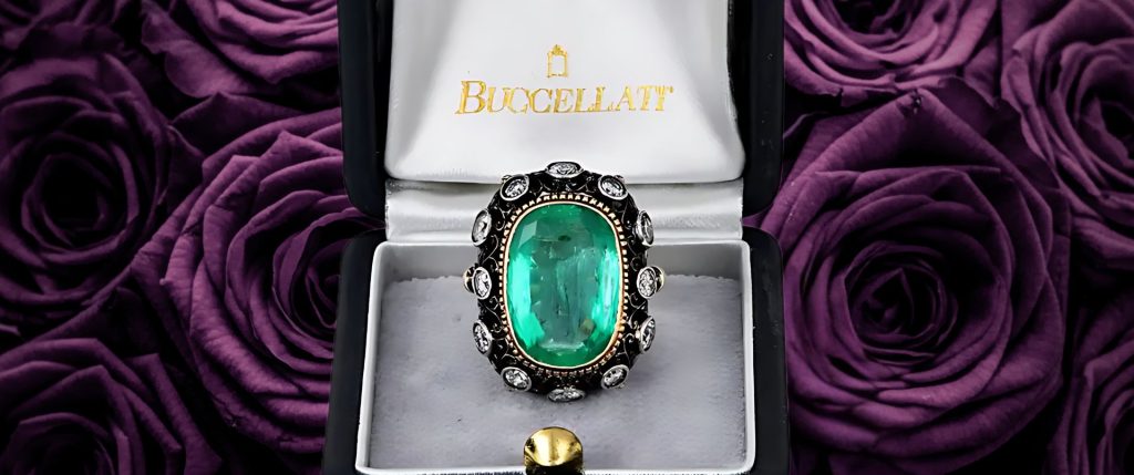 Close-up of a luxurious Buccellati ring from Dover Jewelry, featuring a large green gemstone surrounded by sparkling diamonds, set in a blackened gold setting. A true one-of-a-kind vintage gem.