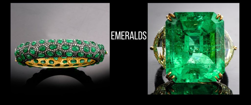 Luxury emerald jewelry featuring a stunning emerald and diamond bracelet with cabochon emeralds, and a large, radiant emerald gemstone from Dover Jewelry’s high-value collection