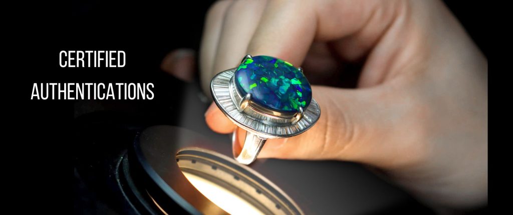 Certified authentication of vintage jewelry, featuring a close-up of a GIA-certified opal ring under magnification, showcasing its brilliant color and expert evaluation.