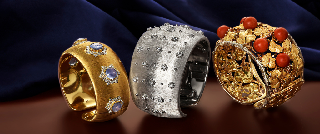 Three vintage Buccellati bracelets featuring gold, diamonds, and rare gemstones, showcasing exquisite Italian craftsmanship, available at Dover Jewelry.