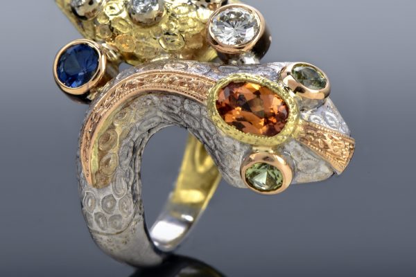 Gazzaniga Diamond Sapphire 18K Gold Snake Bypass Ring