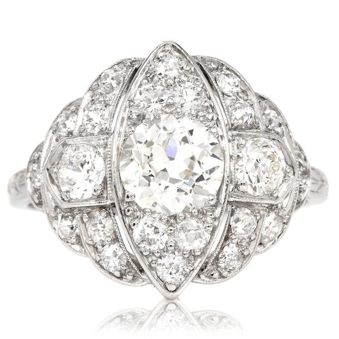 Antique Art Deco 2.10cts Old Diamond Platinum Navette Engagement Ring ...