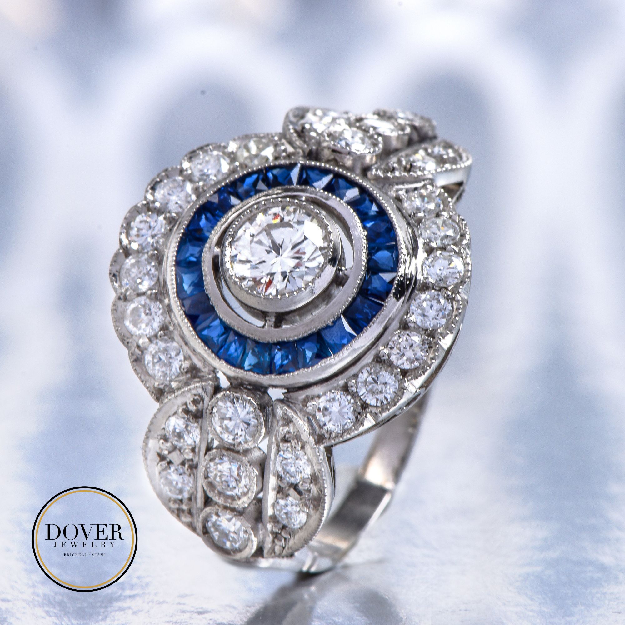 Blue Strap Antique Art Deco Diamond Watch in Platinum