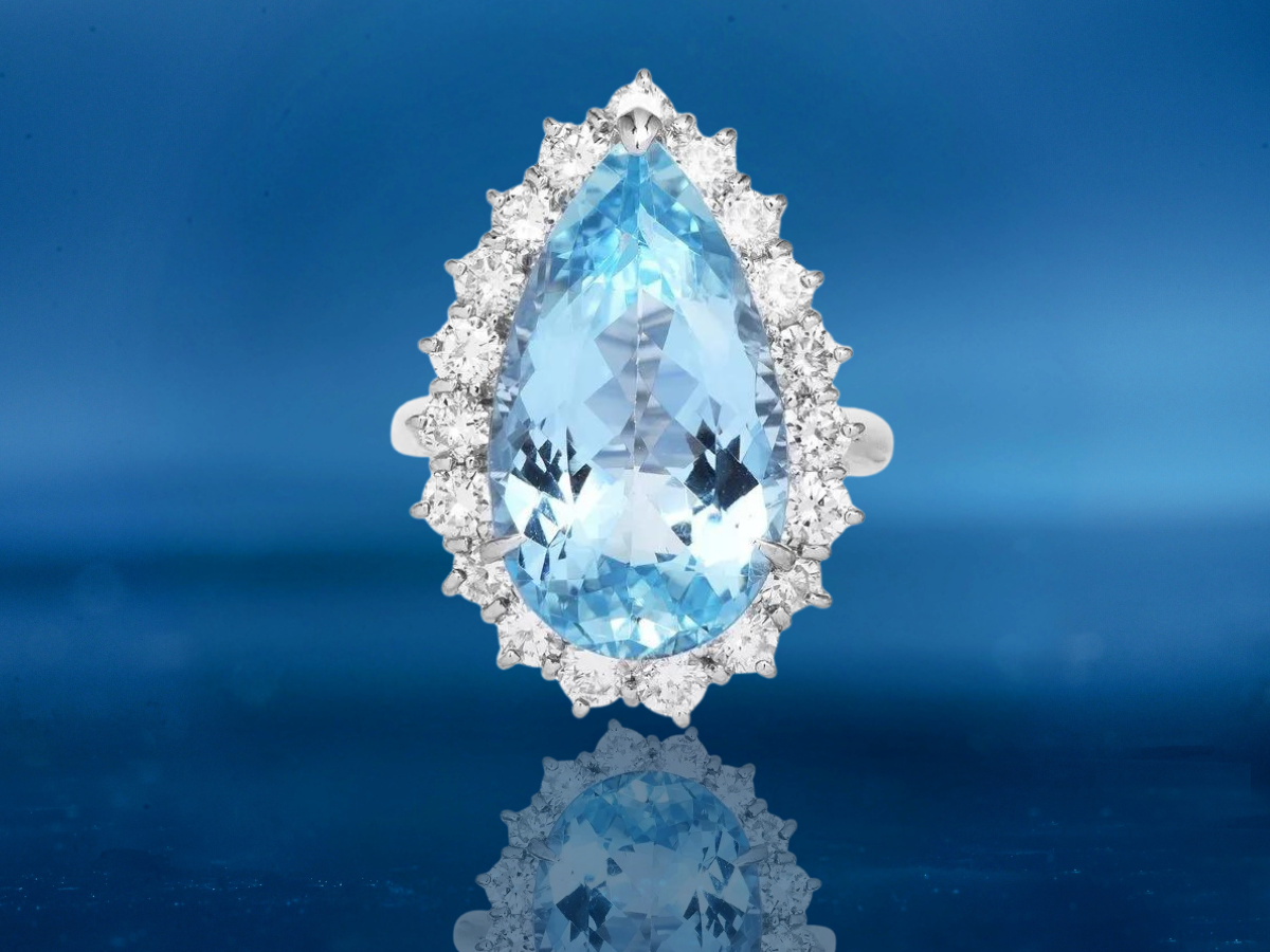 GIA 10.77ct Aquamarine Diamond Platinum Drop Pear Cut Cocktail Ring