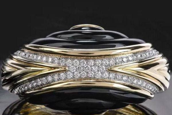 Estate Diamond Onyx 18K Gold Large Wide Bangle Bracelet