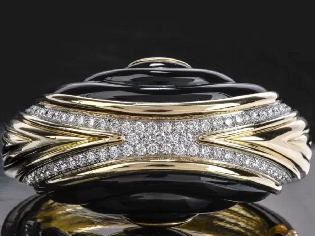 Estate Diamond Onyx 18K Gold Large Wide Bangle Bracelet