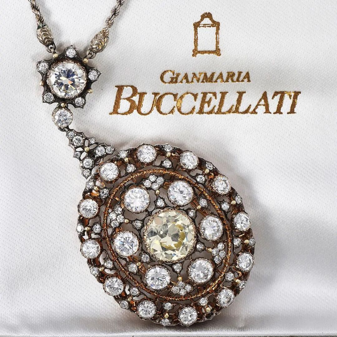 Vintage Buccellati Diamond 18K Gold Convertible Necklace and Pin from Dover Jewelry – A timeless piece featuring exquisite diamond accents and luxurious 18K gold, offering both necklace and pin versatility.