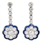 Vintage Platinum  Flower Old Mine Cut Diamonds Sapphires Dangle Drop Earrings