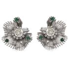 Vintage Diamond Emerald Platinum Starburst Floral Earrings 