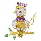 Vintage Diamond Ruby Sapphire Emerald 14K Gold Fishing Bird Brooch Pin