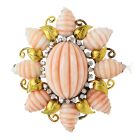 Trio Vintage Diamond Pink Coral 18K Gold Flower Star Large Brooch Pin 