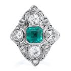 Antique Art Deco Diamond Emerald Platinum Filigree Navette Cocktail Ring 