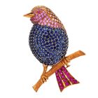 Vintage Diamond Blue Pink Sapphire 18K Gold Song Bird Brooch Pin