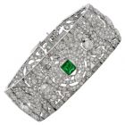 Art Deco Diamond Emerald Platinum Wide Filigree Bracelet-Dover Jewelry