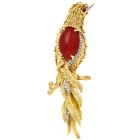 Vintage Diamond Red Coral Ruby 18K Yellow Gold Quetzal Fine Bird Brooch Pin