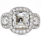 GIA 5.49ct Asscher Cut Diamond Platinum Halo Triple Stone Engagement Ring