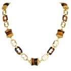 Estate Tiger's Eye 18K Gold Barrel Link Long Necklace-Dover Jewelry