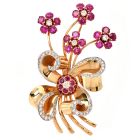 Vintage Retro Diamond Ruby Yellow Gold Flower Bouquet Ribbon Brooch Pin