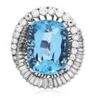 Estate 23.07 GIA Aquamarine Diamond Platinum Halo Bypass Cocktail Ring