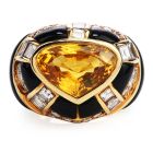 GIA 7.80 carats Yellow Sapphire Diamond Onyx 18K Gold Heart Retro Cocktail Ring 