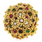 1980s Diamond Ruby Sapphire Emerald 18K Gold Floral Pin Brooch