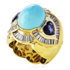 Estate 11.09cts Diamond Turquoise Heart Sapphire 18K Gold Cocktail Ring 