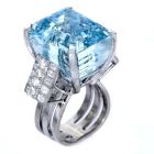 Vintage Aquamarine Diamond Platinum Tall Geometric Cocktail Ring 