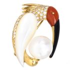 Estate Diamond Pearl Coral Onyx 18K Gold White Ibis Bird Brooch Pendant