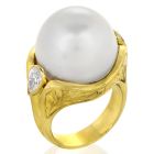 Estate Diamond Pearl 18K Engraved Dome Statement Ring-Dover Jewelry