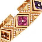 Estate Multi Gemstone Diamond 18K Gold Statement Cuff Bracelet-Dover Jewelry