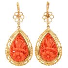 Vintage Carved Coral Butterfly Garden 18K Gold Frame Drop Earrings|DoverJewelry|