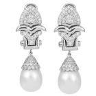 Estate Diamond Platinum Scalloped South Sea Pearl Dangle Drop Earrings-Dover Jewelry