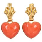 Vintage Large Coral 18K Gold Heart Dangle Drop Cocktail Earrings