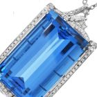 Large Blue Topaz 158.74 carats Diamond 18K Gold Brooch Pin Pendant 