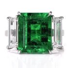 Three Stone Rectangular Emerald Diamond Platinum Ring 