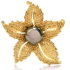 Estate Diamond Tahitian Pearl 18K Yellow Gold Brooch Pin