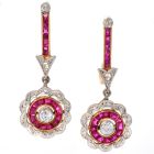 Vintage Diamond 1.60cts  Ruby 18K Gold Flower Earrings