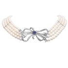 Vintage Diamond Sapphire Platinum Bow Pendant Multi Strand Pearl Necklace