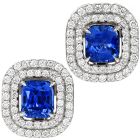 Estate Diamond Vivid Blue Sapphire 18K White Gold Cushion Double Halo Clip-On Earrings