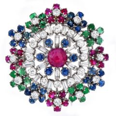 1960S Circular Cluster Ruby Sapphire Diamond Clip 18k Gold Brooch Pin