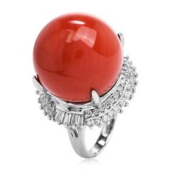 Estate  18mm Natural Red Coral Diamond Halo  Platinum Cocktail Ring