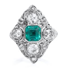 Antique Art Deco Diamond Emerald Platinum Filigree Navette Cocktail Ring 