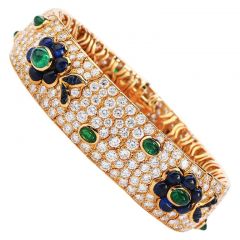  Vintage French wide Diamond Sapphire Emerald Gold Bracelet