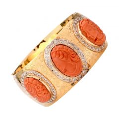 Vintage Coral Cameo Diamond 18K Wide Bangle Bracelet