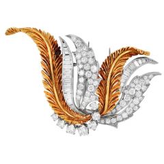 Vintage 6.00cttw Diamond Platinum 18K Gold Leaf Feather Brooch |Dover Jewelry|