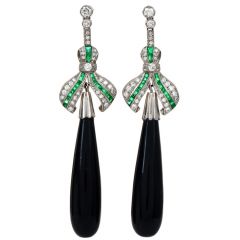 Vintage Diamond Emerald Onyx Platinum Ribbon Long Drop Dangle Earrings