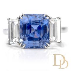 Estate Natural Ceylon Sapphire Diamond Platinum 3 Stone Engagement Ring