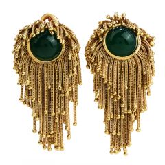 Vintage 18k Gold Tassel Green Onyx Clipon Earrings