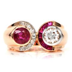 Vintage Retro Diamond Ruby 18K Rose Gold French Made Bypass Cocktail Ring