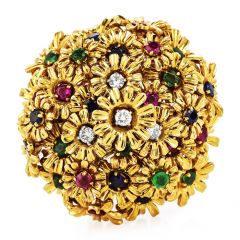 1980s Diamond Ruby Sapphire Emerald 18K Gold Floral Pin Brooch